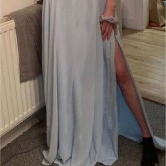 Miaodup Wedding Dress Size 8 V-Neck Ruffle Flutter Sleeve Dusty Blue Maxi New - Picture 6 of 11